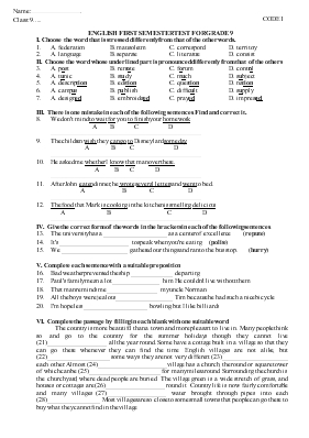 English first semester test for grade 9